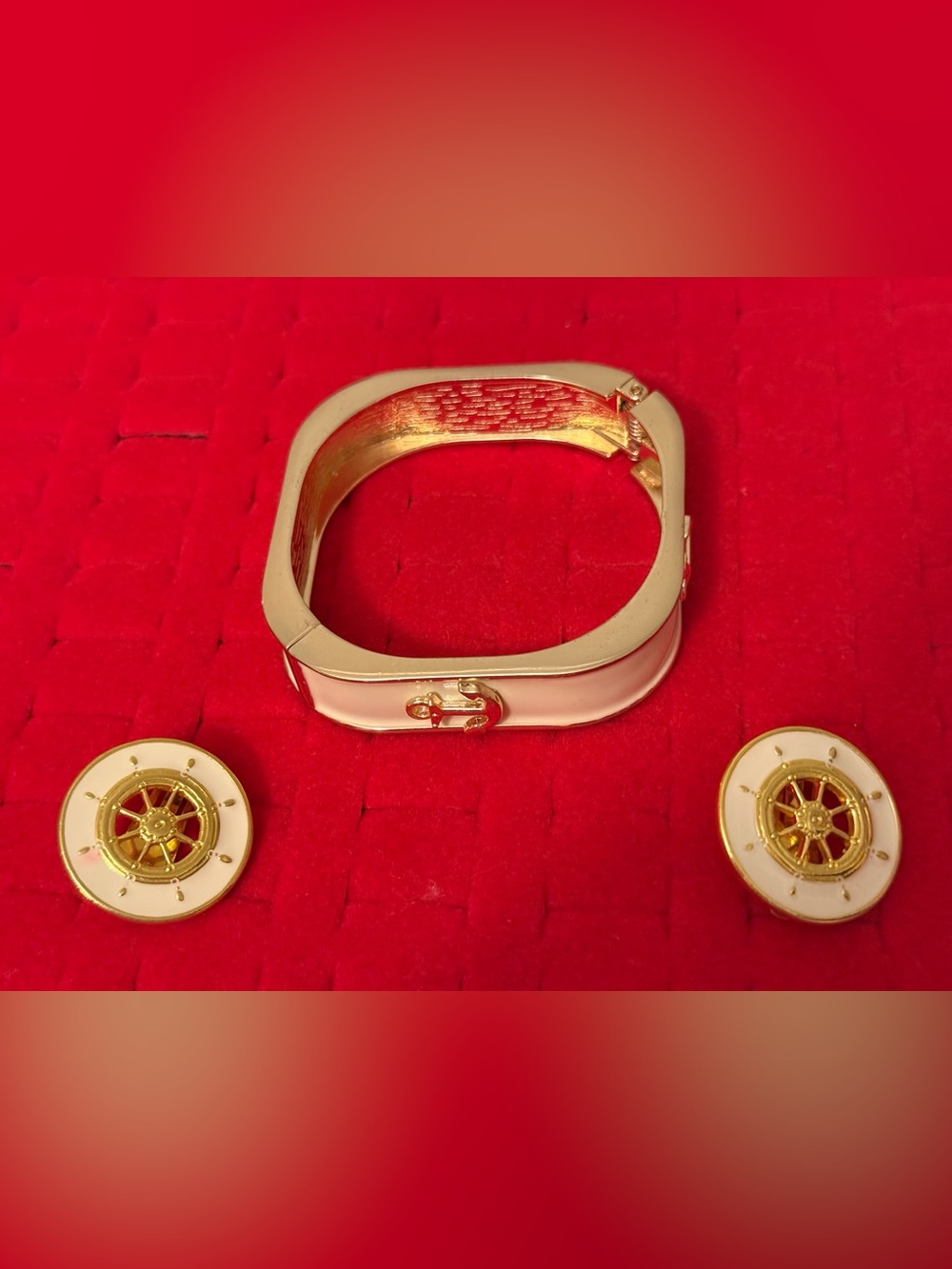 Vintage Gold and White Nautical Wheel Bangle and Stud Earring Set